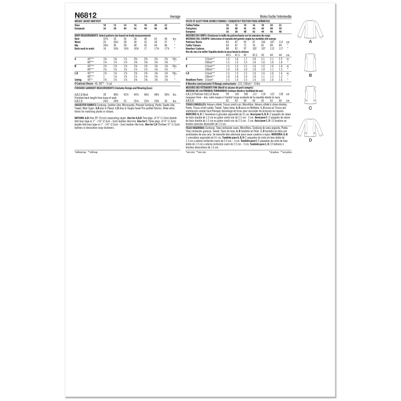 Patron New Look 6812 - Veste zippée...