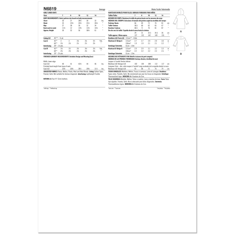 Patron New Look 6819 - Manteau doublé...