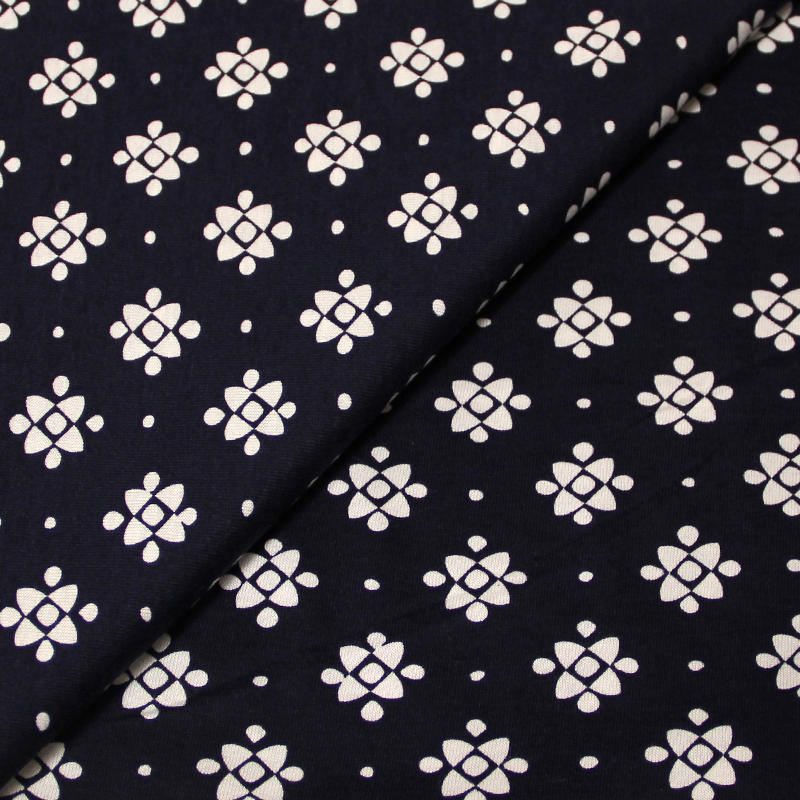 Jersey imprimé 100% coton - Fleurs graphiques bleu nuit & blanc