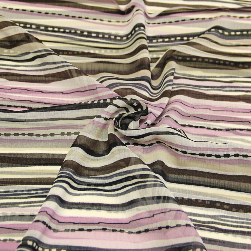 Mousseline crêponnée imprimée - Rayures mauves, marron et pétrole