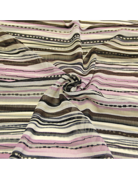 Mousseline crêponnée imprimée - Rayures mauves, marron et pétrole