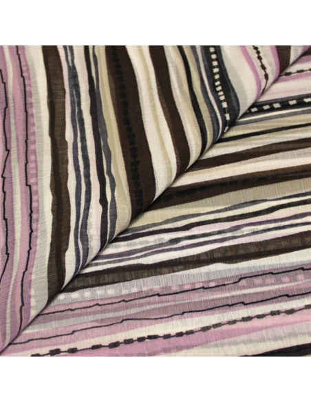 Mousseline crêponnée imprimée - Rayures mauves, marron et pétrole