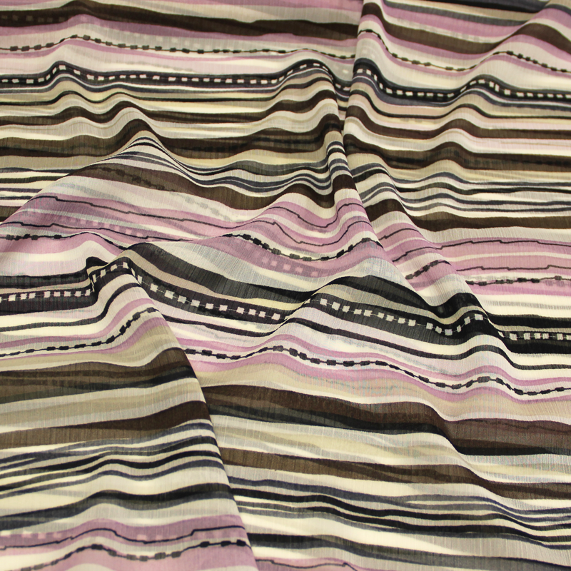 Mousseline crêponnée imprimée - Rayures mauves, marron et pétrole