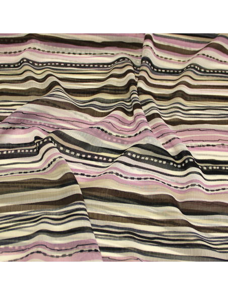 Mousseline crêponnée imprimée - Rayures mauves, marron et pétrole