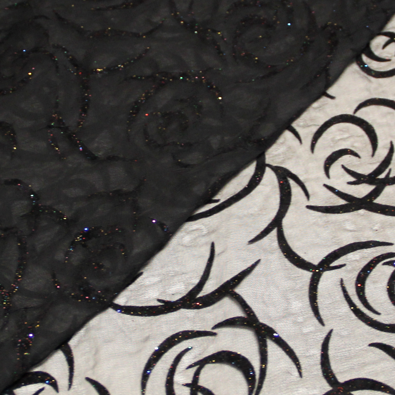 Mousseline floquée spirale - Noir paillettes multicolores