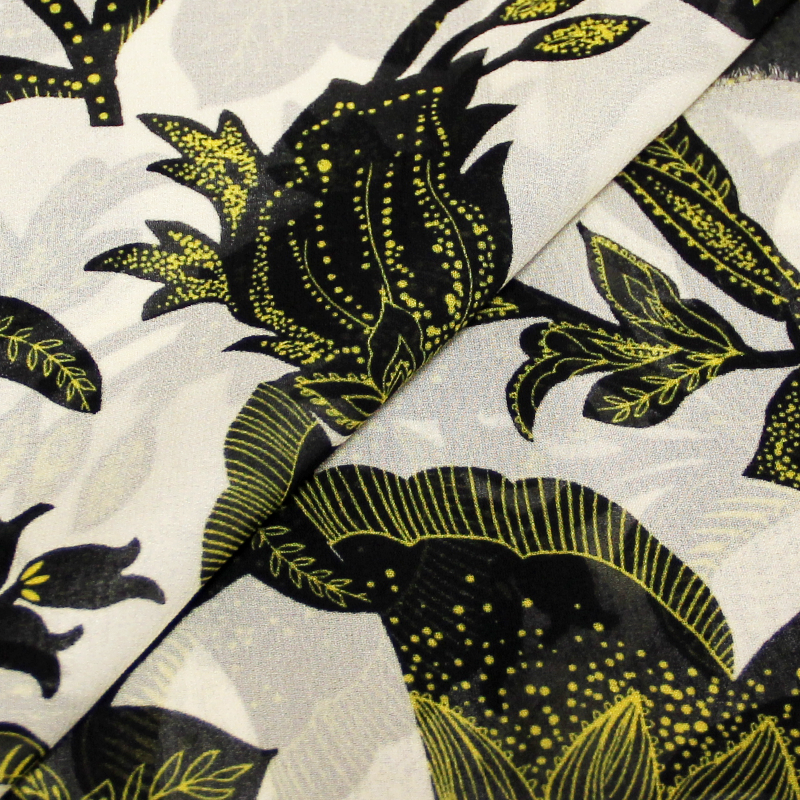  Crêpe Georgette imprimée - Papillons et fleurs noir et jaune