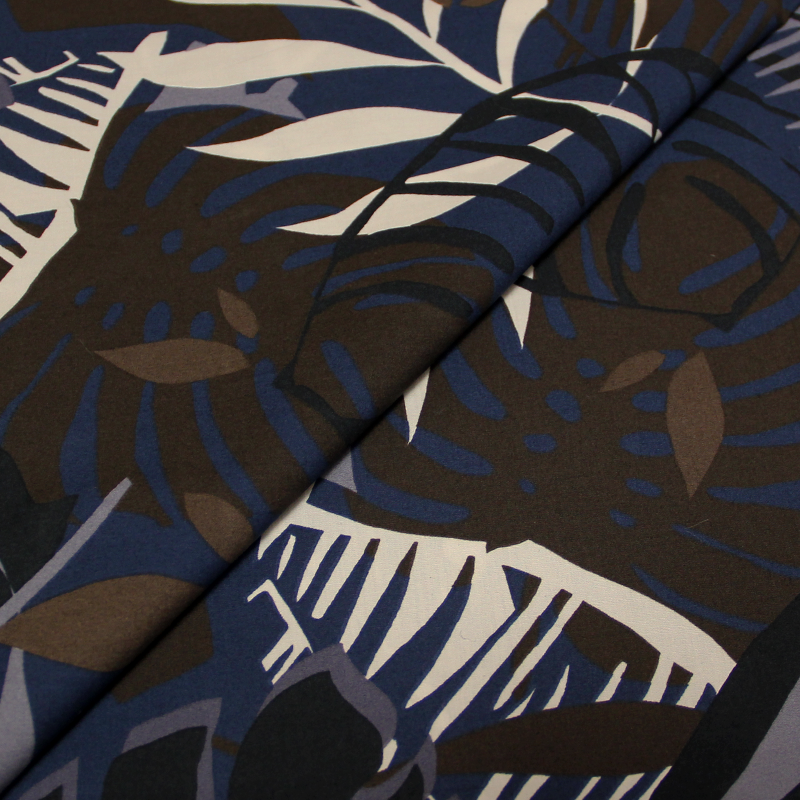 Percale de coton imprimée tropical - Bleu & marron