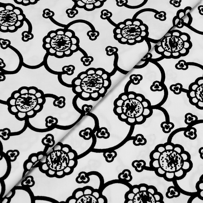 Popeline de coton imprimée - Liane fleuris noir fond blanc