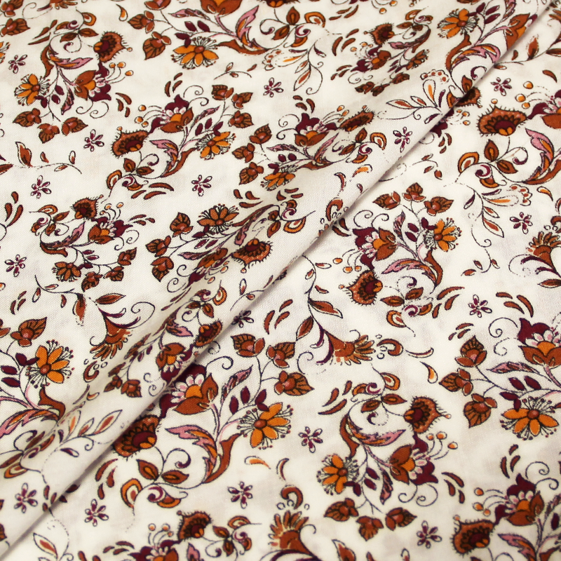 Toile de viscose imprimée fleuris - Ton bordeaux & orange sur fond blanc