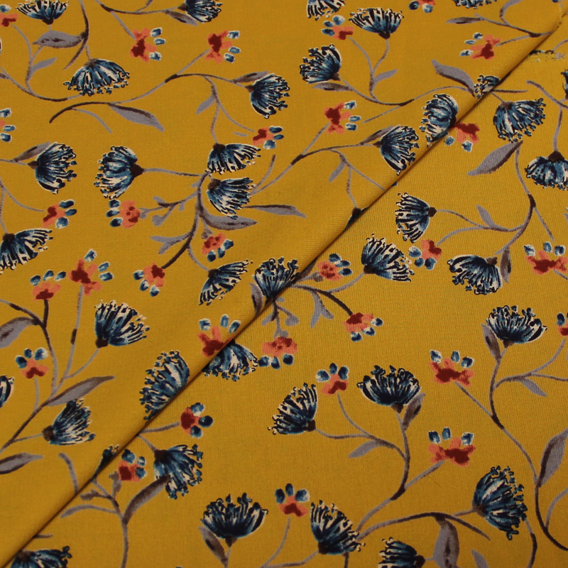 Javanaise imprimée fleuris - Centaurées bleues fond moutarde