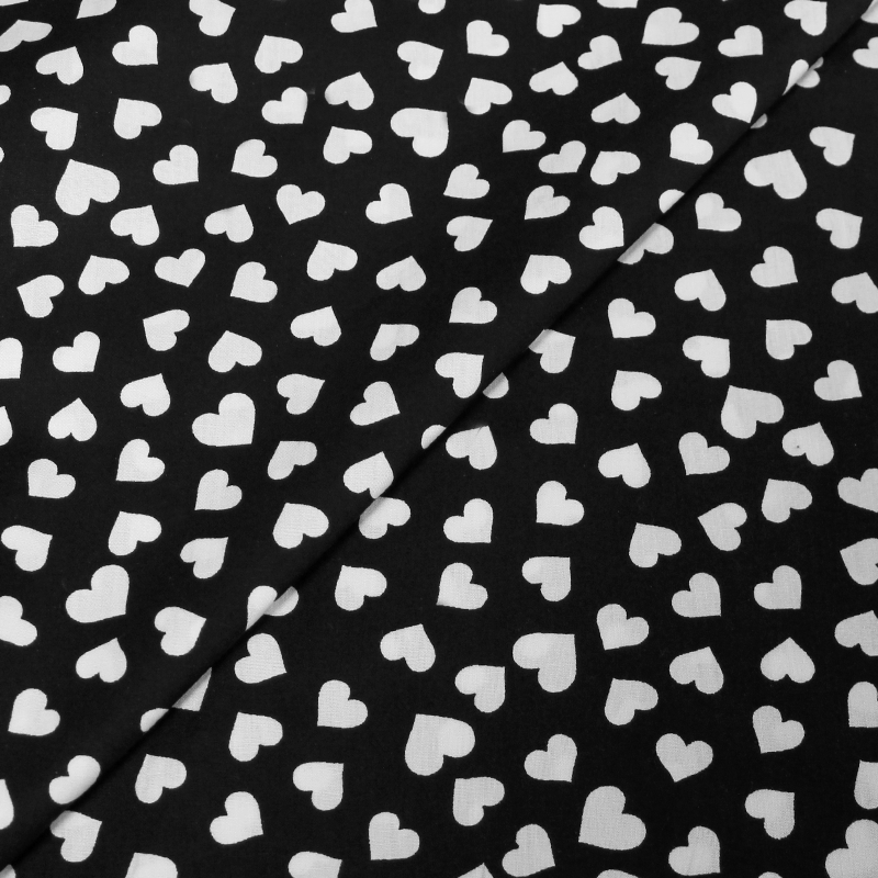 Popeline 100% coton imprimée - Coeur blanc fond noir