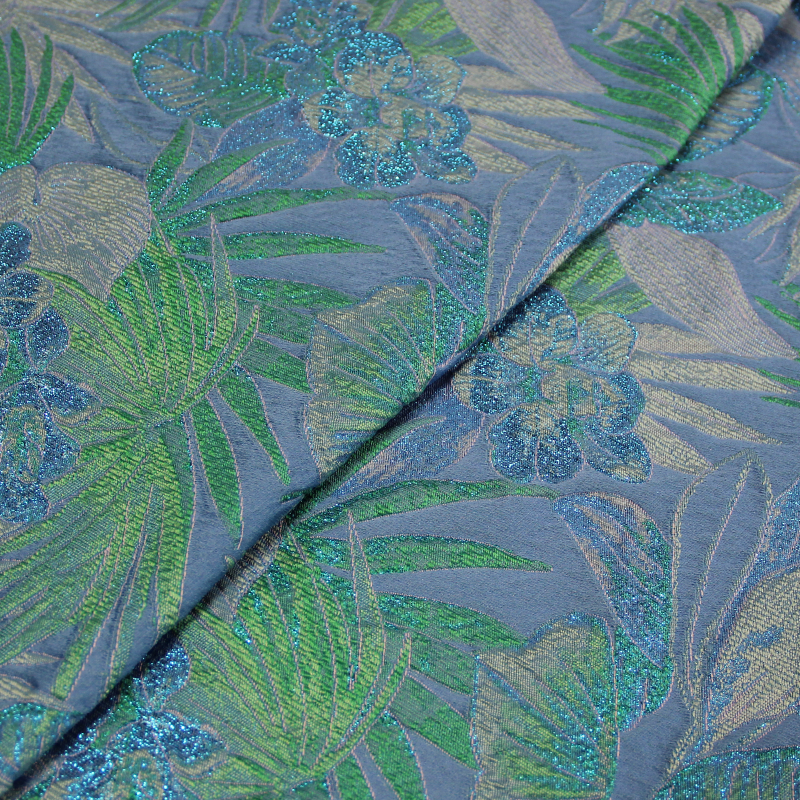 Tissu broché - Feuillage tropical bleu & vert
