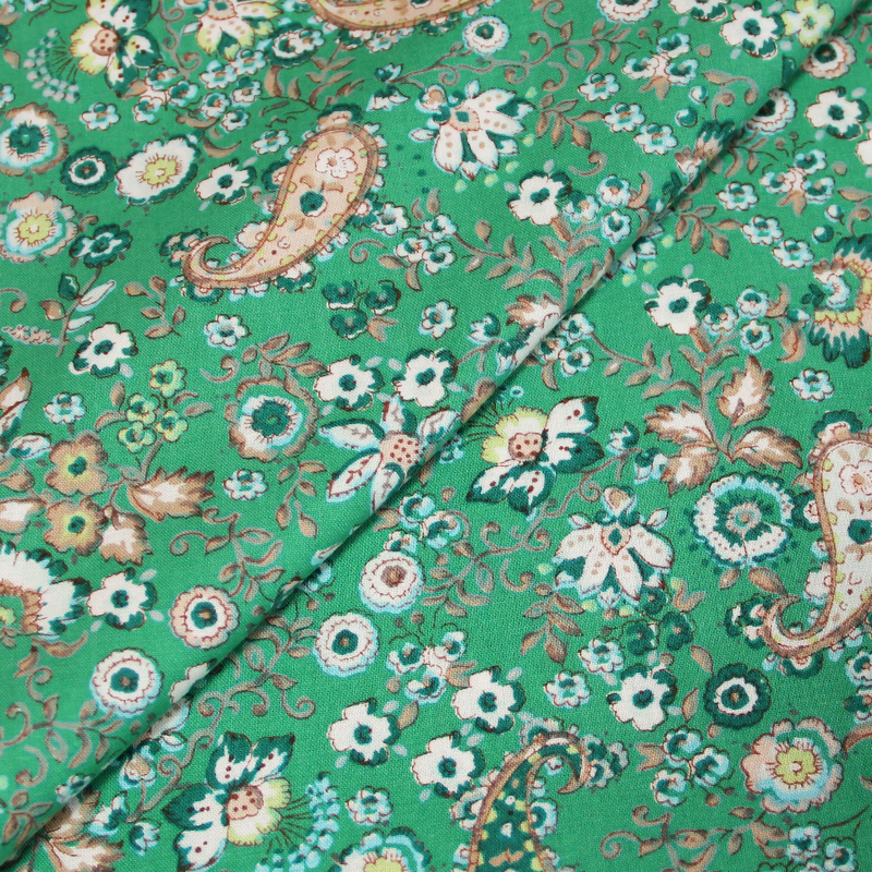 Popeline 100% coton imprimée - Cachemire & fleurs vert