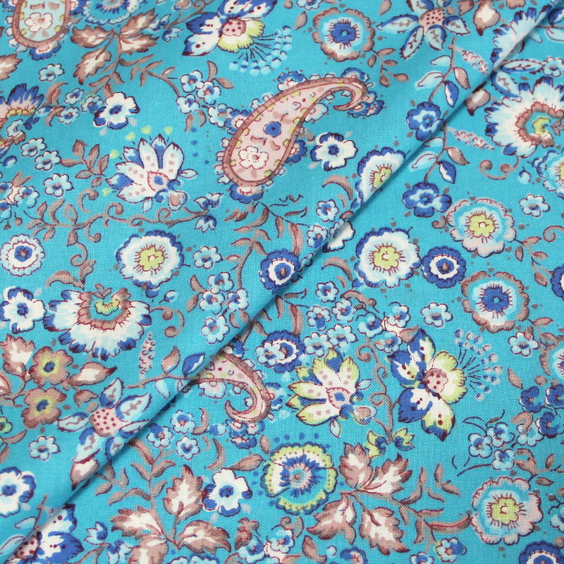 Popeline 100% coton imprimée - Cachemire & fleurs turquoise