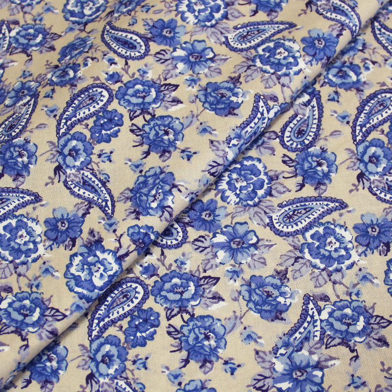 Popeline 100% coton imprimée - Cachemire & fleurs bleu
