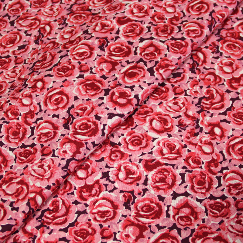 Popeline 100% coton imprimée - Roses rose