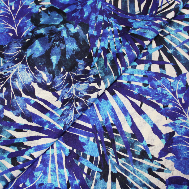 Étoffe de lin - Feuillage tropical bleu