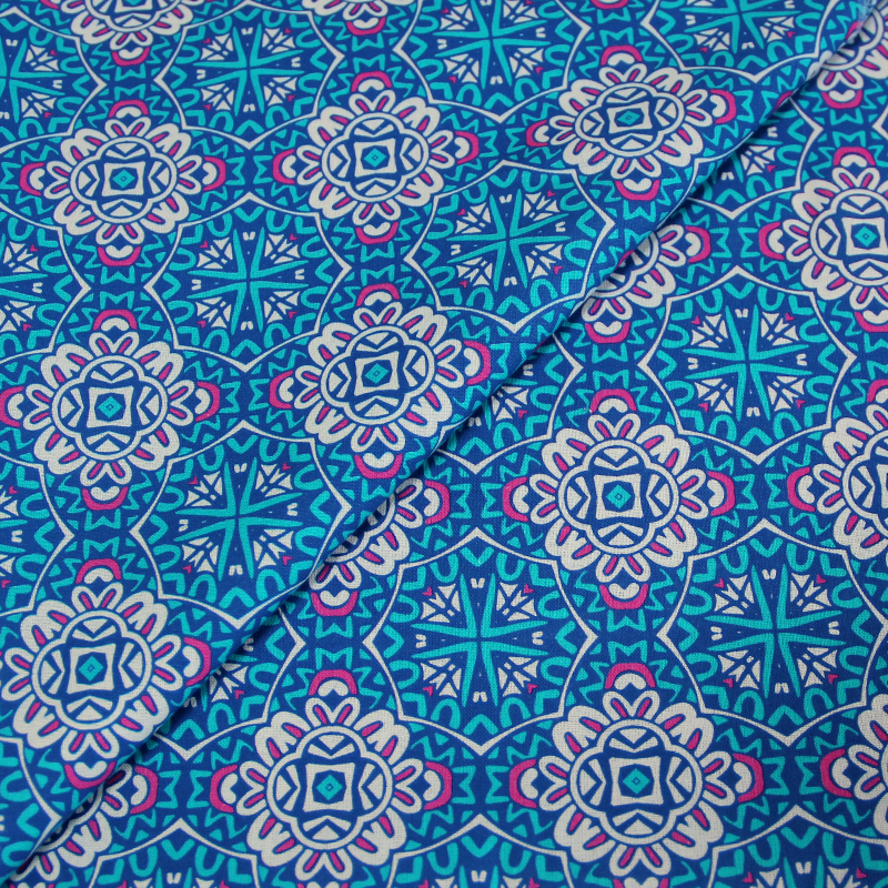 Toile de coton impression digitale - Rosace turquoise & bleu