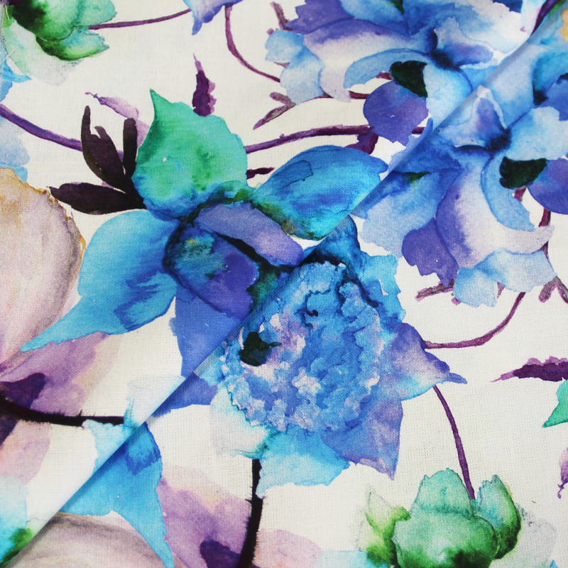 Toile de coton impression digitale - Chrysanthem bleu