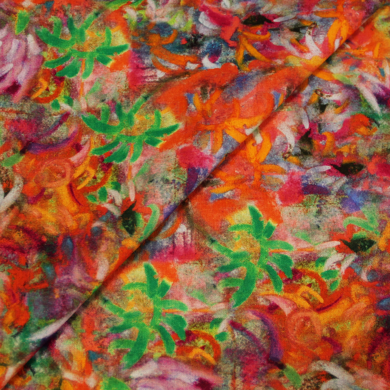 Toile de coton impression digitale - Aquarelle fleur abstraite orange & vert