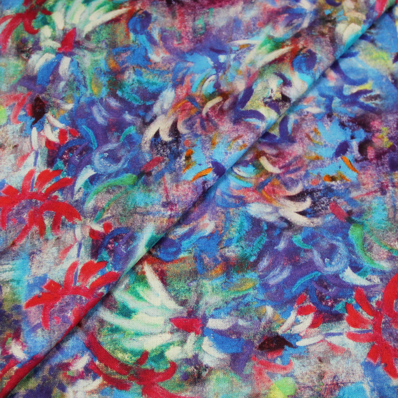Toile de coton impression digitale - Aquarelle fleur abstraite bleu & framboise
