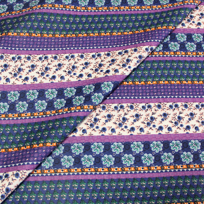 Toile de coton imprimée aspect laquée - Rayée & fleuris bleu et violet