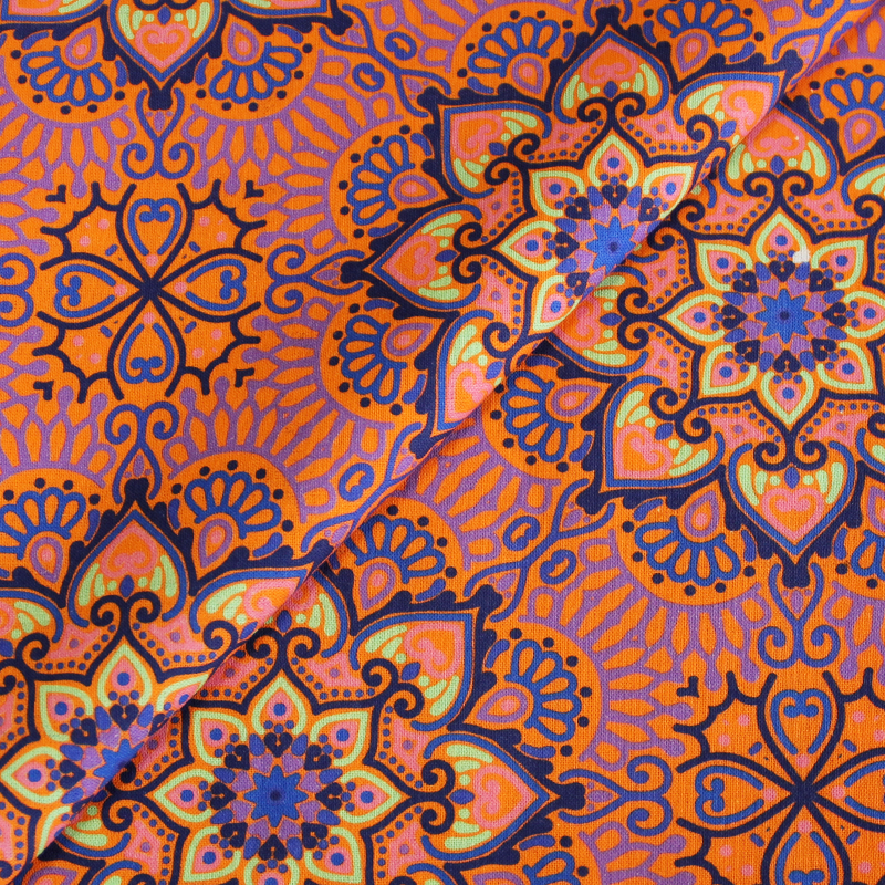 Toile de coton impression digitale - Mandala parme & orange