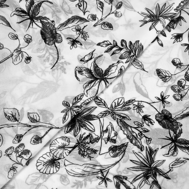 Mousseline  imprimée - Fleur & petit oiseau blanc fond noir