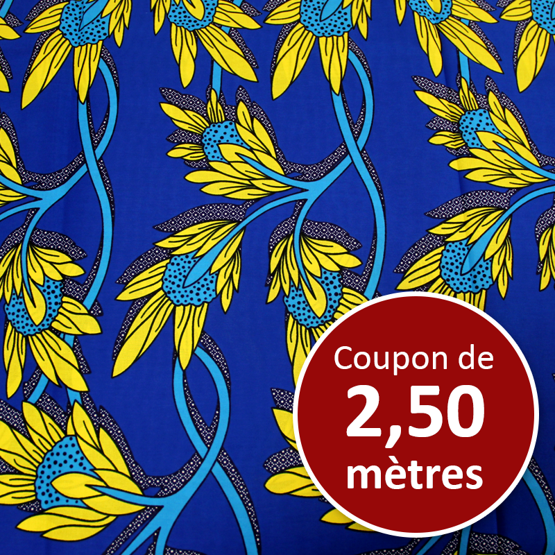 Tissu Africain WAX - Fleur jaune & ciel (coupon de 2,50 mètres)