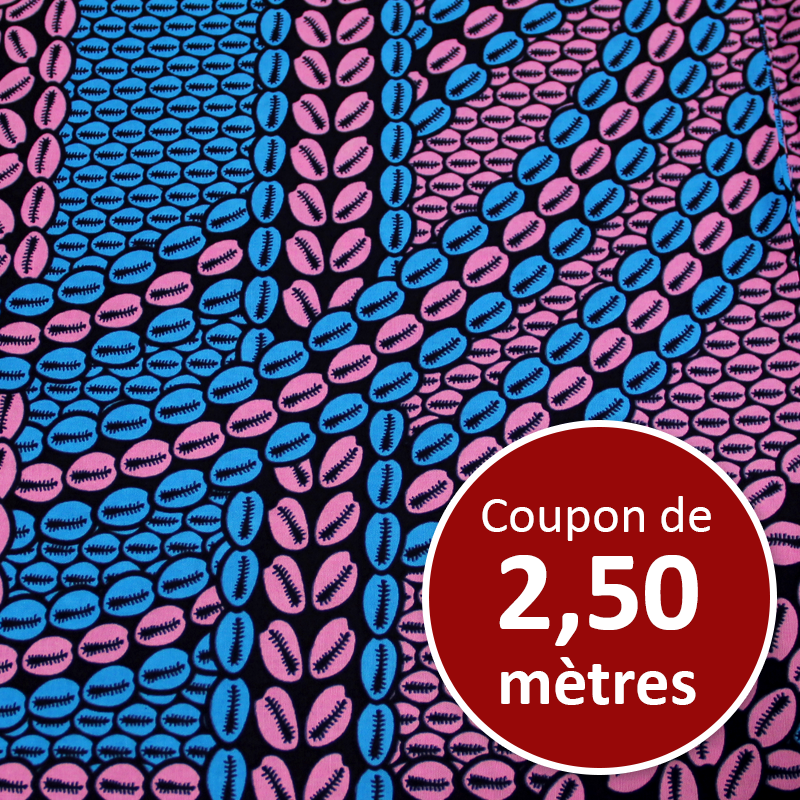 Tissu Africain WAX - Graine de café bleu & rose (coupon de 2,50 mètres)