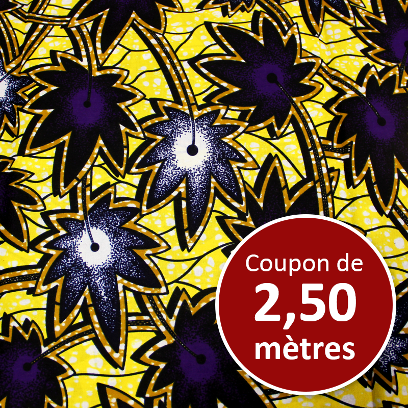 Tissu Africain WAX - Feuille violette fond jaune (coupon de 2,50 mètres)