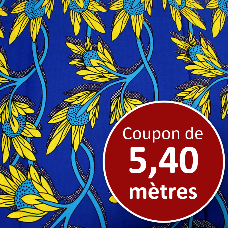 Tissu Africain WAX - Fleurs jaune & ciel (coupon de 5,40 mètres)
