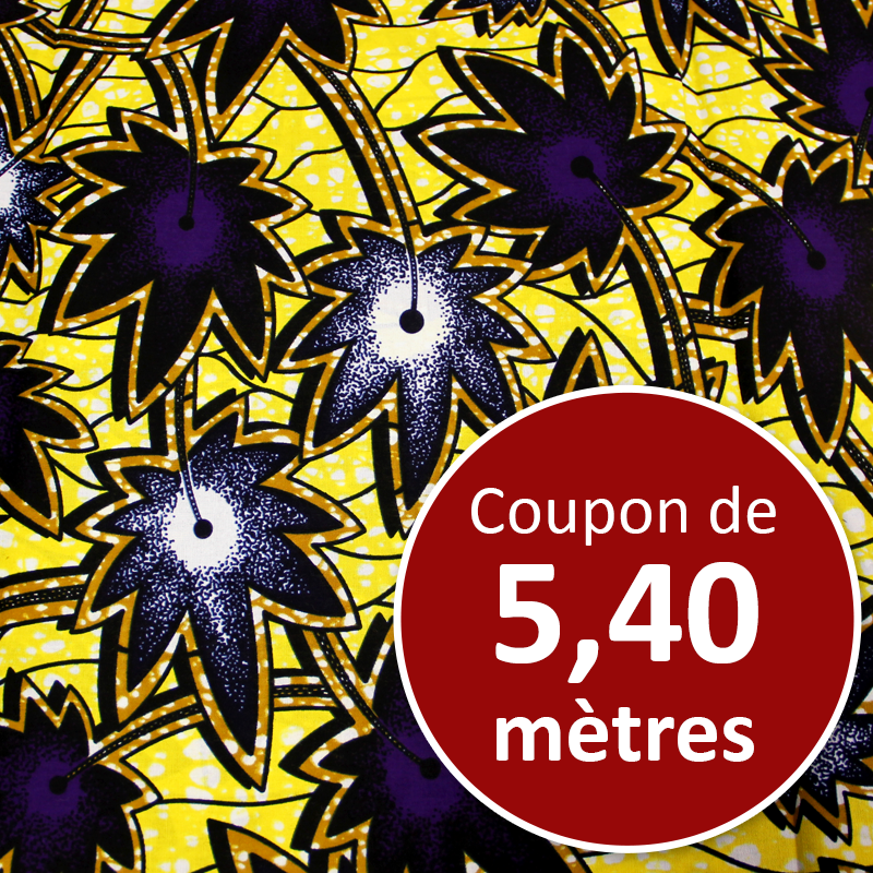 Tissu Africain WAX - Feuille violette fond jaune (coupon de 5,40 mètres)