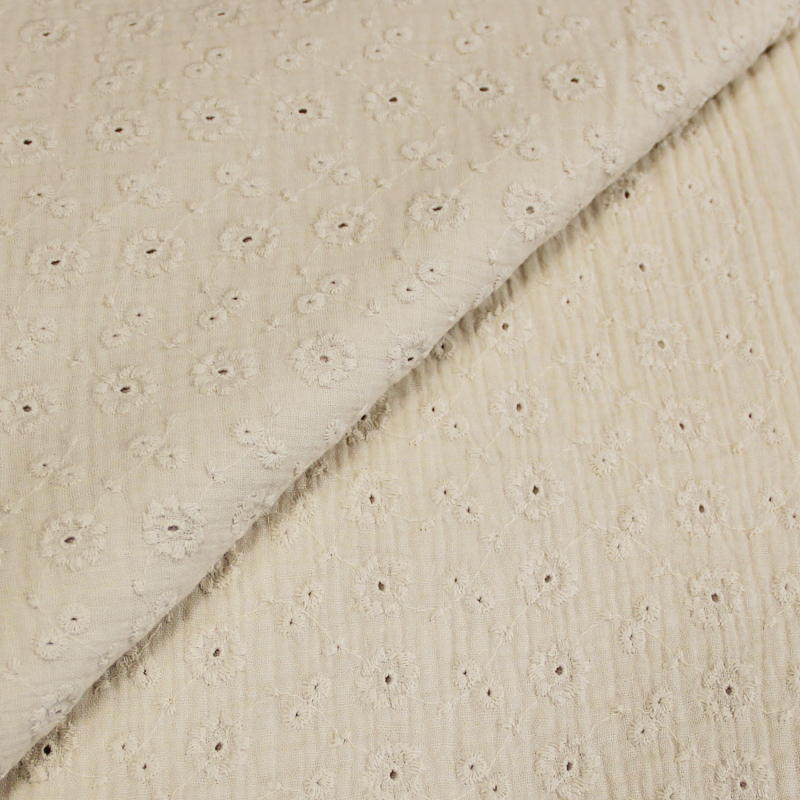 Double gaze 100% coton brodée fleuri - Beige