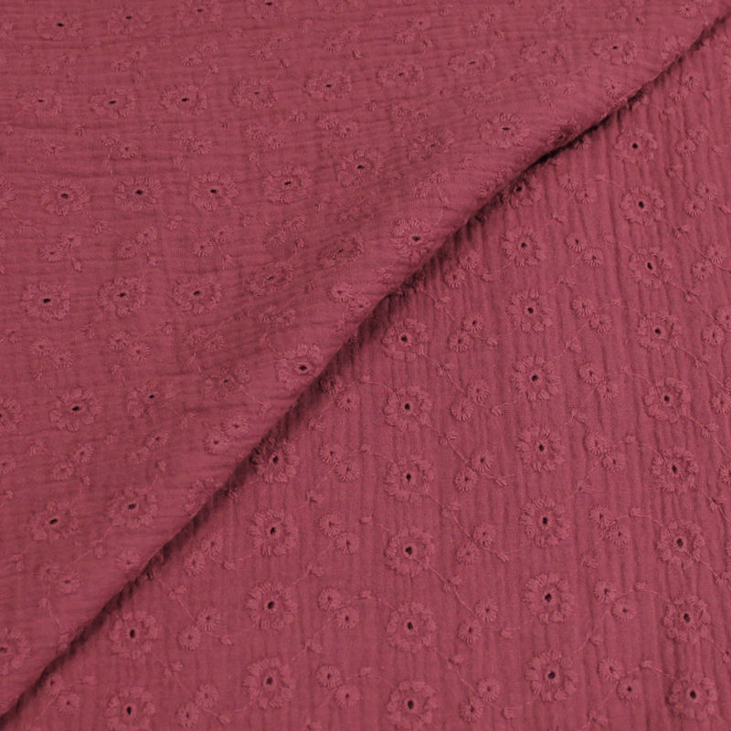 Double gaze 100% coton brodée fleuri - Framboise