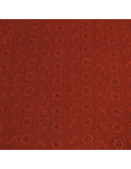 Broderie anglaise sur double gaze fleuri - Framboise