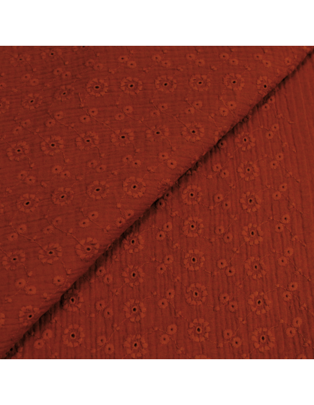 Double gaze 100% coton brodée fleuri - Brique