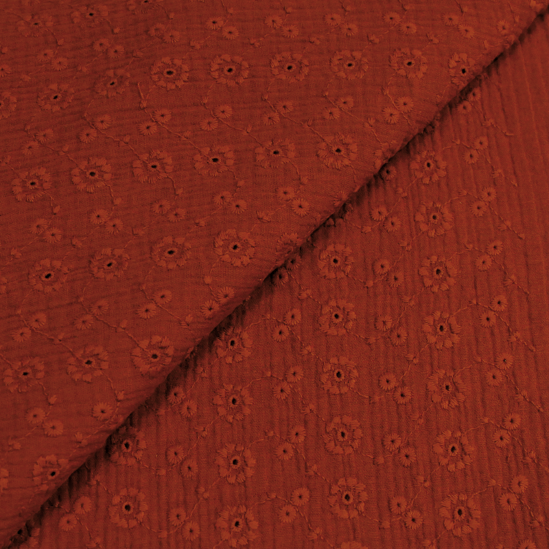 Double gaze brodée fleuri - Brique