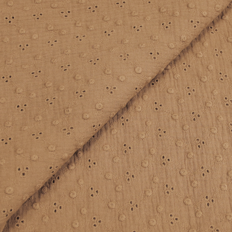 Double gaze 100% coton brodée 3 trous - Camel