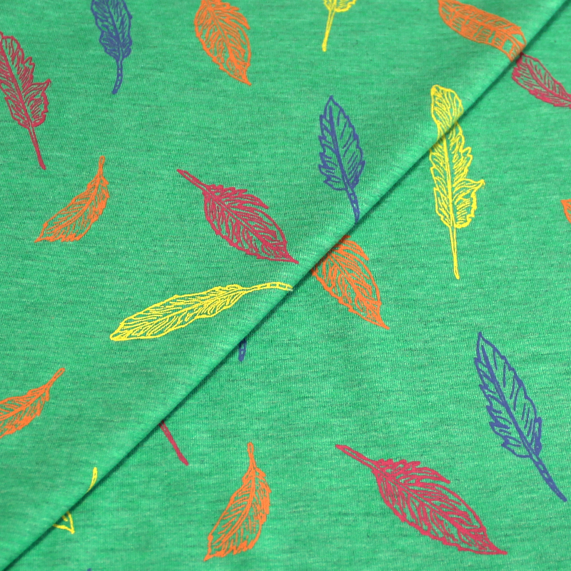 Jersey coton & polyester - Plume multicolore fond vert