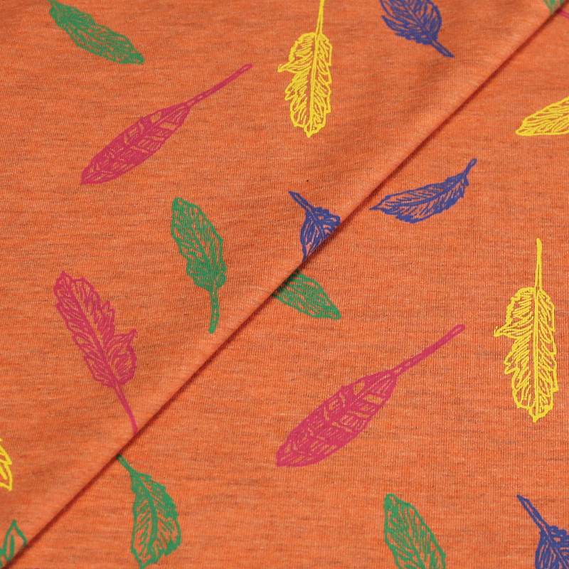 Jersey coton & polyester - Plume multicolore fond orange