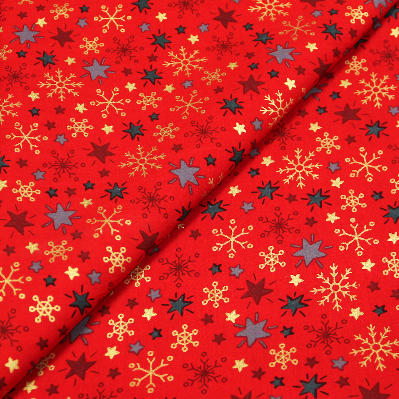Popeline 100% coton - Étoile & flocon de neige fond rouge