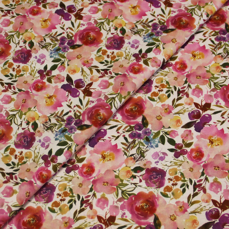 Toile de coton impression digitale - Fleuri rose