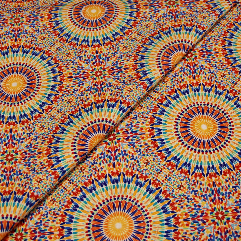 Toile de coton impression digitale - Mandala new wave bleu & orange