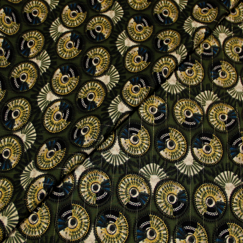 Javanaise à rayures lurex - Ammonites multicolores sur fond olive