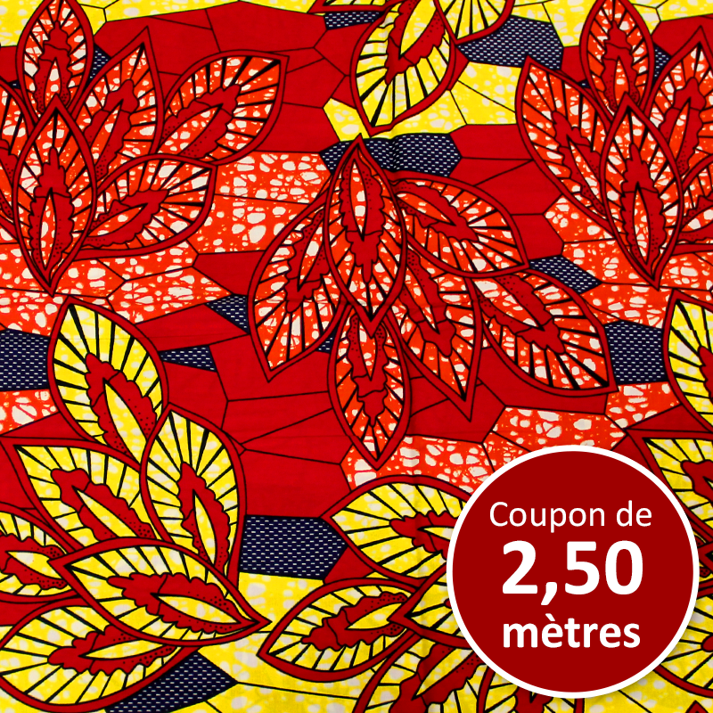 Tissu Africain WAX - Feuillage rouge et jaune (coupon de 2,50 mètres)