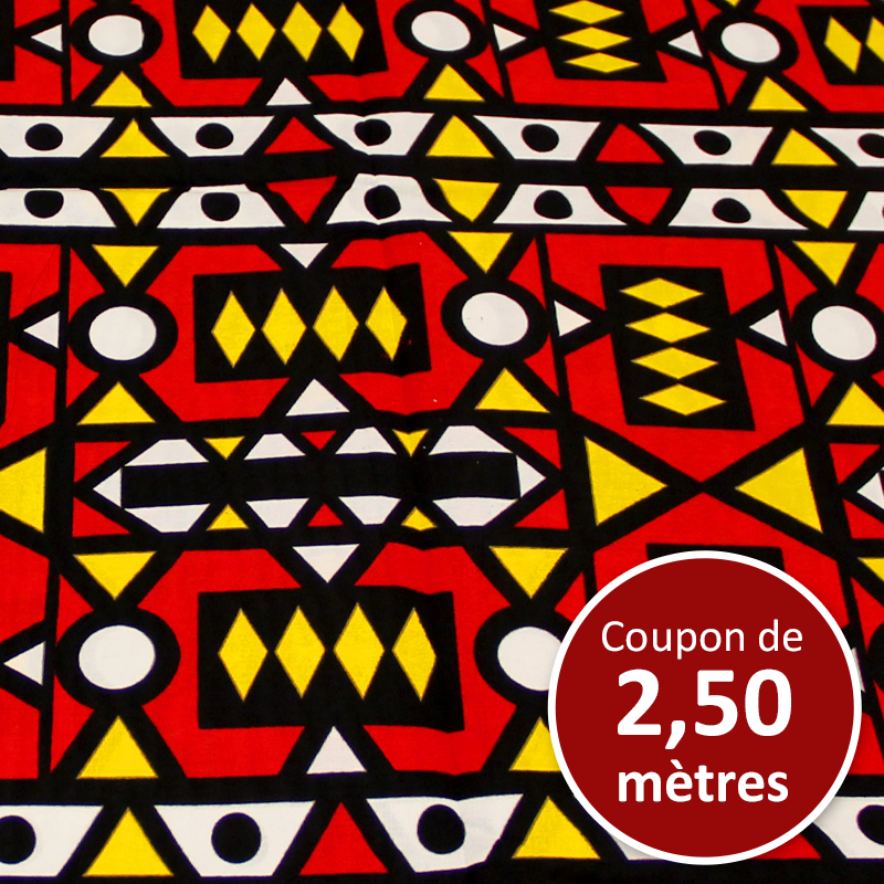 Tissu Africain WAX - Feuillage rouge et jaune (coupon de 2,50 mètres)