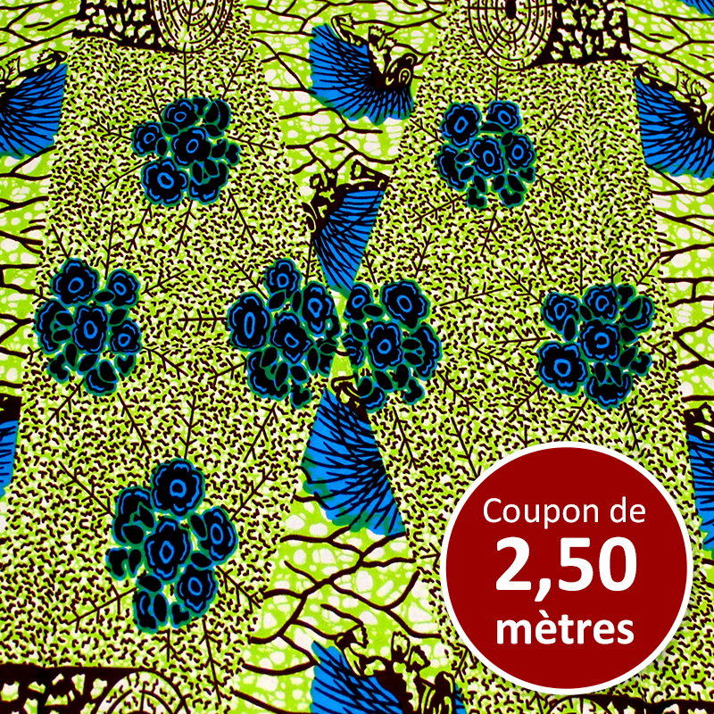 Tissu Africain WAX - Hérisson et fleur bleu (coupon de 2,50 mètres)