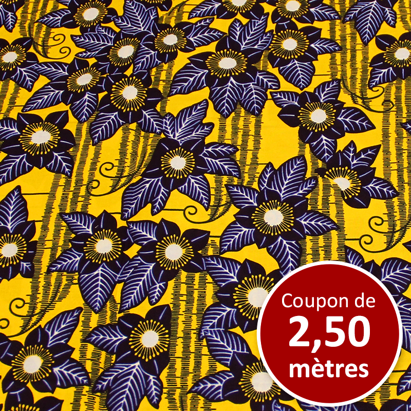 Tissu Africain WAX - Fleur marine fond jaune (coupon de 2,50 mètres)