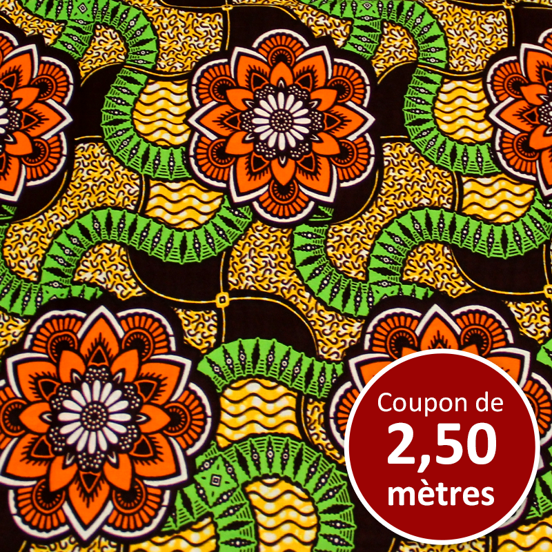 Tissu Africain WAX - Mandala fleuri orange (coupon de 2,50 mètres)